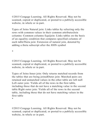 ©2015 Cengage Learning. All Rights Reserved. May not be
scanned, copied or duplicated, or posted to a publicly accessible
website, in whole or in part.
Types of Joins Natural join: Links tables by selecting only the
rows with common values in their common attributesJoin
columns: Common columns Equijoin: Links tables on the basis
of an equality condition that compares specified columns of
each tableTheta join: Extension of natural join, denoted by
adding a theta subscript after the JOIN symbol
*
©2015 Cengage Learning. All Rights Reserved. May not be
scanned, copied or duplicated, or posted to a publicly accessible
website, in whole or in part.
Types of Joins Inner join: Only returns matched records from
the tables that are being joinedOuter join: Matched pairs are
retained and unmatched values in the other table are left null
Left outer join: Yields all of the rows in the first table,
including those that do not have a matching value in the second
table Right outer join: Yields all of the rows in the second
table, including those that do not have matching values in the
first table
*
©2015 Cengage Learning. All Rights Reserved. May not be
scanned, copied or duplicated, or posted to a publicly accessible
website, in whole or in part.
 