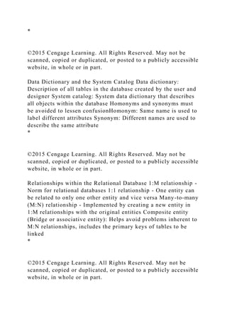 *
©2015 Cengage Learning. All Rights Reserved. May not be
scanned, copied or duplicated, or posted to a publicly accessible
website, in whole or in part.
Data Dictionary and the System Catalog Data dictionary:
Description of all tables in the database created by the user and
designer System catalog: System data dictionary that describes
all objects within the database Homonyms and synonyms must
be avoided to lessen confusionHomonym: Same name is used to
label different attributes Synonym: Different names are used to
describe the same attribute
*
©2015 Cengage Learning. All Rights Reserved. May not be
scanned, copied or duplicated, or posted to a publicly accessible
website, in whole or in part.
Relationships within the Relational Database 1:M relationship -
Norm for relational databases 1:1 relationship - One entity can
be related to only one other entity and vice versa Many-to-many
(M:N) relationship - Implemented by creating a new entity in
1:M relationships with the original entities Composite entity
(Bridge or associative entity): Helps avoid problems inherent to
M:N relationships, includes the primary keys of tables to be
linked
*
©2015 Cengage Learning. All Rights Reserved. May not be
scanned, copied or duplicated, or posted to a publicly accessible
website, in whole or in part.
 