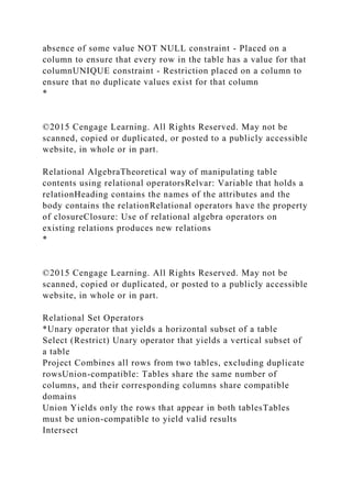 absence of some value NOT NULL constraint - Placed on a
column to ensure that every row in the table has a value for that
columnUNIQUE constraint - Restriction placed on a column to
ensure that no duplicate values exist for that column
*
©2015 Cengage Learning. All Rights Reserved. May not be
scanned, copied or duplicated, or posted to a publicly accessible
website, in whole or in part.
Relational AlgebraTheoretical way of manipulating table
contents using relational operatorsRelvar: Variable that holds a
relationHeading contains the names of the attributes and the
body contains the relationRelational operators have the property
of closureClosure: Use of relational algebra operators on
existing relations produces new relations
*
©2015 Cengage Learning. All Rights Reserved. May not be
scanned, copied or duplicated, or posted to a publicly accessible
website, in whole or in part.
Relational Set Operators
*Unary operator that yields a horizontal subset of a table
Select (Restrict) Unary operator that yields a vertical subset of
a table
Project Combines all rows from two tables, excluding duplicate
rowsUnion-compatible: Tables share the same number of
columns, and their corresponding columns share compatible
domains
Union Yields only the rows that appear in both tablesTables
must be union-compatible to yield valid results
Intersect
 