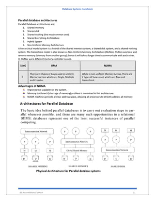 Database Systems Handbook
BY: MUHAMMAD SHARIF 11
Parallel database architectures
Parallel Database architectures are:
1. Shared-memory
2. Shared-disk
3. Shared-nothing (the most common one)
4. Shared Everything Architecture
5. Hybrid System
6. Non-Uniform Memory Architecture
A hierarchical model system is a hybrid of the shared memory system, a shared disk system, and a shared-nothing
system. The hierarchical model is also known as Non-Uniform Memory Architecture (NUMA). NUMA uses local and
remote memory (Memory from another group); hence it will take a longer time to communicate with each other.
In NUMA, were different memory controller is used.
S.NO UMA NUMA
1
There are 3 types of buses used in uniform
Memory Access which are: Single, Multiple
and Crossbar.
While in non-uniform Memory Access, There are
2 types of buses used which are: Tree and
hierarchical.
Advantages of NUMA
Improves the scalability of the system.
Memory bottleneck (shortage of memory) problem is minimized in this architecture.
NUMA machines provide a linear address space, allowing all processors to directly address all memory.
 