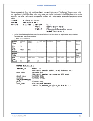Database Systems Handbook
BY: MUHAMMAD SHARIF 119
We can once again be faced with possible ambiguity among attribute names if attributes of the same name exist—
one in a relation in the FROM clause of the outer query, and another in a relation in the FROM clause of the nested
query. The rule is that a reference to an unqualified attribute refers to the relation declared in the innermost nested
query.
 
