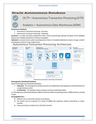 Database Systems Handbook
BY: MUHAMMAD SHARIF 14
Autonomous databases
1. Autonomous Transaction Processing - Serverless
2. Autonomous Transaction Processing – Dedicated
Serverless is a simple and elastic deployment choice. Oracle autonomously operates all aspects of the database
lifecycle from database placement to backup and updates.
Dedicated is a private cloud in public cloud deployment choice. A completely dedicated compute, storage, network,
and database service for only a single tenant.
Autonomous transaction processing: Architecture
Heterogeneous Distributed Databases
Types of Heterogeneous Distributed Databases
1. Federated − The heterogeneous database systems are independent and integrated so that they function as
a single database system.
2. Un-federated − The database systems employ a central coordinating module
In a heterogeneous distributed database, different sites have different operating systems, DBMS products, and data
models.
Its properties are −
Different sites use dissimilar schemas and software.
The system may be composed of a variety of DBMSs like relational, network, hierarchical, or object-
oriented.
Query processing is complex due to dissimilar schemas.
 