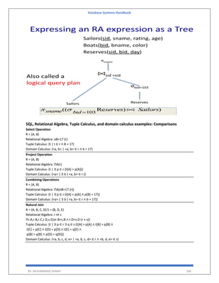 Database Systems Handbook
BY: MUHAMMAD SHARIF 186
SQL, Relational Algebra, Tuple Calculus, and domain calculus examples: Comparisons
Select Operation
R = (A, B)
Relational Algebra: σB=17 (r)
Tuple Calculus: {t | t ∈ r ∧ B = 17}
Domain Calculus: {<a, b> | <a, b> ∈ r ∧ b = 17}
Project Operation
R = (A, B)
Relational Algebra: ΠA(r)
Tuple Calculus: {t | ∃ p ∈ r (t[A] = p[A])}
Domain Calculus: {<a> | ∃ b ( <a, b> ∈ r )}
Combining Operations
R = (A, B)
Relational Algebra: ΠA(σB=17 (r))
Tuple Calculus: {t | ∃ p ∈ r (t[A] = p[A] ∧ p[B] = 17)}
Domain Calculus: {<a> | ∃ b ( <a, b> ∈ r ∧ b = 17)}
Natural Join
R = (A, B, C, D) S = (B, D, E)
Relational Algebra: r ⋈ s
Πr.A,r.B,r.C,r.D,s.E(σr.B=s.B ∧ r.D=s.D (r × s))
Tuple Calculus: {t | ∃ p ∈ r ∃ q ∈ s (t[A] = p[A] ∧ t[B] = p[B] ∧
t[C] = p[C] ∧ t[D] = p[D] ∧ t[E] = q[E] ∧
p[B] = q[B] ∧ p[D] = q[D])}
Domain Calculus: {<a, b, c, d, e> | <a, b, c, d> ∈ r ∧ <b, d, e> ∈ s}
 