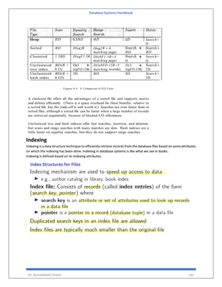 Database Systems Handbook
BY: MUHAMMAD SHARIF 205
Indexing
Indexing is a data structure technique to efficiently retrieve records from the database files based on some attributes
on which the indexing has been done. Indexing in database systems is like what we see in books.
Indexing is defined based on its indexing attributes.
 