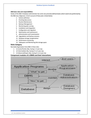 Database Systems Handbook
BY: MUHAMMAD SHARIF 215
DBA basic roles and responsibilities:
Duties of the DBA A Database administrator has some very precisely defined duties which need to be performed by
the DBA very religiously. A short account of these jobs is listed below:
1. Schema definition
2. Granting data access
3. Routine Maintenance
4. Backups Management
5. Monitoring jobs running
6. Installation and integration
7. Configuration and migration
8. Optimization and maintenance
9. administration and Customization
10. Upgradation and backup recovery
11. Database storage reorganization
12. Performance monitoring
13. Tablespace and Monitoring disk storage space
Roles Category
Normally Organization hires DBA in three roles:
1. L1=Junior/fresher dba, having 1–2-year exp.
2. L2=Intermediate dba, having 2+ to 4-year exp.
3. L3=Advanced/Expert dba, having 4+ to 6-year exp.
Component modules of a DBMS and their interactions.
 