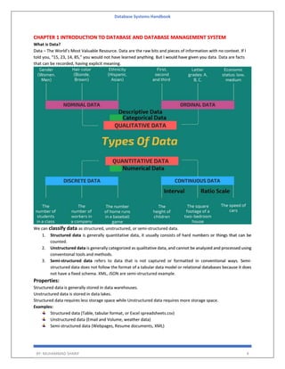 Database Systems Handbook
BY: MUHAMMAD SHARIF 4
CHAPTER 1 INTRODUCTION TO DATABASE AND DATABASE MANAGEMENT SYSTEM
What is Data?
Data – The World’s Most Valuable Resource. Data are the raw bits and pieces of information with no context. If I
told you, “15, 23, 14, 85,” you would not have learned anything. But I would have given you data. Data are facts
that can be recorded, having explicit meaning.
We can classify data as structured, unstructured, or semi-structured data.
1. Structured data is generally quantitative data, it usually consists of hard numbers or things that can be
counted.
2. Unstructured data is generally categorized as qualitative data, and cannot be analyzed and processed using
conventional tools and methods.
3. Semi-structured data refers to data that is not captured or formatted in conventional ways. Semi-
structured data does not follow the format of a tabular data model or relational databases because it does
not have a fixed schema. XML, JSON are semi-structured example.
Properties:
Structured data is generally stored in data warehouses.
Unstructured data is stored in data lakes.
Structured data requires less storage space while Unstructured data requires more storage space.
Examples:
Structured data (Table, tabular format, or Excel spreadsheets.csv)
Unstructured data (Email and Volume, weather data)
Semi-structured data (Webpages, Resume documents, XML)
 