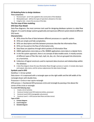 Database Systems Handbook
BY: MUHAMMAD SHARIF 56
ER Modeling Rules to design database:
Three components:
1. Structural part - set of rules applied to the construction of the database
2. Manipulative part - defines the types of operations allowed on the data
3. Integrity rules - ensure the accuracy of the data
The first step of Data modeling:
DFD Data Flow Model
Data flow diagrams: the most common tool used for designing database systems is a data flow
diagram. It is used to design systems graphically and expresses different system detail at different
DFD levels.
Characteristics
DFDs show the flow of data between different processes or a specific system.
DFDs are simple and hide complexities.
DFDs are descriptive and links between processes describe the information flow.
DFDs are focused on the flow of information only.
Data flows are pipelines through which packets of information flow.
DBMS applications store data as a file. RDBMS applications store data in a tabular form.
In the file system approach, there is no concept of data models exists. It mostly consists
of different types of files like mp3, mp4, txt, doc, etc. that are grouped into directories
on a hard drive.
Collection of logical constructs used to represent data structure and relationships within
the database.
A data flow diagram shows the way information flows through a process or system. It includes data inputs
and outputs, data stores, and the various subprocesses the data moves through.
Symbols used in DFD
Dataflow => Arrow symbol
Data store=> It is expressed with a rectangle open on the right width and the left width of the
rectangle drawn with double lines.
Processes=> Circle or near squire rectangle
DFD-process => Numbered DFD processes circle and rectangle by passing a line above the
center of the circle or rectangle
To create DFD following steps:
1. Create a list of activities
2. Construct Context Level DFD (external entities, processes)
3. Construct Level 0 DFD (manageable sub-process)
4. Construct Level 1- n DFD (actual data flows and data stores)
Types of DFD
1. Context diagram
2. Level 0 diagram
3. Detailed diagram
 
