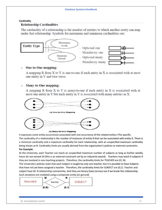 Database Systems Handbook
BY: MUHAMMAD SHARIF 73
Cardinality
It expresses some entity occurrences associated with one occurrence of the related entity=>The specific.
The cardinality of a relationship is the number of instances of entity B that can be associated with entity A. There is
a minimum cardinality and a maximum cardinality for each relationship, with an unspecified maximum cardinality
being shown as N. Cardinality limits are usually derived from the organization's policies or external constraints.
For Example:
At the University, each Teacher can teach an unspecified maximum number of subjects as long as his/her weekly
hours do not exceed 24 (this is an external constraint set by an industrial award). Teachers may teach 0 subjects if
they are involved in non-teaching projects. Therefore, the cardinality limits for TEACHER are (O, N).
The University's policies state that each Subject is taught by only one teacher, but it is possible to have Subjects
that have not yet been assigned a teacher. Therefore, the cardinality limits for SUBJECT are (0,1). Teacher and
subject have M: N relationship connectivity. And they are binary (two) ternary too if we break this relationship.
Such situations are modeled using a composite entity (or gerund)
 