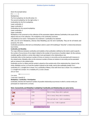 Database Systems Handbook
BY: MUHAMMAD SHARIF 75
Given the example below:
0-1 ---------- 1-
Multiplicities:
The first multiplicity, for the left entity: 0-1
The second multiplicity, for the right entity: 1-
Cardinalities for the first multiplicity:
Lower cardinality: 0
Upper cardinality: 1
Cardinalities for the second multiplicity:
Lower cardinality: 1
Upper cardinality:
Multiplicity is the constraint on the collection of the association objects whereas Cardinality is the count of the
objects that are in the collection. The multiplicity is the cardinality constraint.
A multiplicity of an event = Participation of an element + cardinality of an element.
UML uses the term Multiplicity, whereas Data Modelling uses the term Cardinality. They are for all intents and
purposes, the same.
Cardinality (sometimes referred to as Ordinality) is what is used in ER modeling to "describe" a relationship between
two Entities.
Cardinality and Modality
The major difference between cardinality and modality is that cardinality is defined as the metric used to specify
the number of occurrences of one object related to the number of occurrences of another object. On the contrary,
modality signifies whether a certain data object must participate in the relationship or not.
Cardinality refers to the maximum number of times an instance in one entity can be associated with instances in
the related entity. Modality refers to the minimum number of times an instance in one entity can be associated
with an instance in the related entity.
Cardinality can be 1 or Many and the symbol is placed on the outside ends of the relationship line, closest to the
entity, Modality can be 1 or 0 and the symbol is placed on the inside, next to the cardinality symbol. For a
cardinality of 1, a straight line is drawn. For a cardinality of Many a foot with three toes is drawn. For a modality of
1, a straight line is drawn. For a modality of 0, a circle is drawn.
zero or more
1 or more
1 and only 1 (exactly 1)
Multiplicity = Cardinality + Participation
Cardinality: Denotes the maximum number of possible relationship occurrences in which a certain entity can
participate (in simple terms: at most).
Note: Connectivity and Modality/ multiplicity/ Cardinality and Relationship are same terms.
 