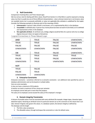 Database Systems Handbook
BY: MUHAMMAD SHARIF 84
2. Null Constraints
Comparisons Involving NULL and Three-Valued Logic:
SQL has various rules for dealing with NULL values. Recall from Section 3.1.2 that NULL is used to represent a missing
value, but that it usually has one of three different interpretations—value unknown (exists but is not known), value
not available (exists but is purposely withheld), or value not applicable (the attribute is undefined for this tuple).
Consider the following examples to illustrate each of the meanings of NULL.
1. Unknownalue. A person’s date of birth is not known, so it is represented by NULL in the database.
2. Unavailable or withheld value. A person has a home phone but does not want it to be listed, so it is withheld
and represented as NULL in the database.
3. Not applicable attribute. An attribute Last_College_Degree would be NULL for a person who has no college
degrees because it does not apply to that person.
3. Enterprise Constraints
Enterprise constraints – sometimes referred to as semantic constraints – are additional rules specified by users or
database administrators and can be based on multiple tables.
Here are some examples.
A class can have a maximum of 30 students.
A teacher can teach a maximum of four classes per semester.
An employee cannot take part in more than five projects.
The salary of an employee cannot exceed the salary of the employee’s manager.
4. Domain integrity/ Constraints
A domain of possible values must be associated with every attribute (for example, integer types, character types,
date/time types). Declaring an attribute to be of a particular domain act as the constraint on the values that it can
take. Domain Integrity rules govern the values. In a database system, the domain integrity is defined by:
The datatype and the length
1. The NULL value acceptance
2. The allowable values, through techniques like constraints or rules the default value.
 