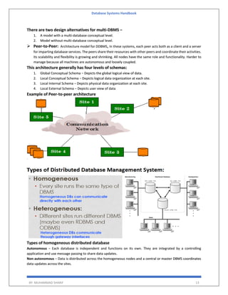 Database Systems Handbook
BY: MUHAMMAD SHARIF 13
There are two design alternatives for multi-DBMS −
1. A model with a multi-database conceptual level.
2. Model without multi-database conceptual level.
 Peer-to-Peer: Architecture model for DDBMS, In these systems, each peer acts both as a client and a server
for imparting database services. The peers share their resources with other peers and coordinate their activities.
Its scalability and flexibility is growing and shrinking. All nodes have the same role and functionality. Harder to
manage because all machines are autonomous and loosely coupled.
This architecture generally has four levels of schemas:
1. Global Conceptual Schema − Depicts the global logical view of data.
2. Local Conceptual Schema − Depicts logical data organization at each site.
3. Local Internal Schema − Depicts physical data organization at each site.
4. Local External Schema − Depicts user view of data
Example of Peer-to-peer architecture
Types of homogeneous distributed database
Autonomous − Each database is independent and functions on its own. They are integrated by a controlling
application and use message passing to share data updates.
Non-autonomous − Data is distributed across the homogeneous nodes and a central or master DBMS coordinates
data updates across the sites.
 