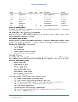 Database Systems Handbook
BY: MUHAMMAD SHARIF 13
What is Shared Collection?
The logical relationship between data. Data inter-linked between data is called a shared collection. It means data is
in the repository and we can access it.
What is Database Management System (DBMS)?
A database management system (DBMS) is a software package or programs designed to define, retrieve, Control,
manipulate data, and manage data in a database.
What are database systems?
A shared collection of logically related data (comprises entities, attributes, and relationships), is designed to meet
the information needs of the organization. The database and DBMS software together is called a database system.
Components of a Database Environment
1. Hardware (Server),
2. Software (DBMS),
3. Data and Meta-Data,
4. Procedure (Govern the design of database)
5. Resources (Who Administer database)
History of Databases
From 1970 to 1972, E.F. Codd published a paper proposed using a relational database model. RDBMS is originally
based on E.F. Codd's relational model invention. Before DBMS, there was a file-based system in the era the 1950s.
Evolution of Database Systems
 Flat files - 1960s - 1980s
 Hierarchical – 1970s - 1990s
 Network – 1970s - 1990s
 Relational – 1980s - present
 Object-oriented – 1990s - present
 Object-relational – 1990s - present
 Data warehousing – 1980s - present
 Web-enabled – 1990s – present
Here, are the important landmarks from evalution of database systems
 1960 – Charles Bachman designed the first DBMS system
 1970 – Codd introduced IBM’S Information Management System (IMS)
 1976- Peter Chen coined and defined the Entity-relationship model also known as the ER model
 1980 – Relational Model becomes a widely accepted database component
 1985- Object-oriented DBMS develops.
 1990- Incorporation of object-orientation in relational DBMS.
 1991- Microsoft MS access, a personal DBMS and that displaces all other personal DBMS products.
 1995: First Internet database applications
 