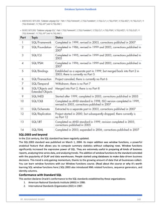 Database Systems Handbook
BY: MUHAMMAD SHARIF 140
SQL:2003 and beyond
In the 21st century, the SQL standard has been regularly updated.
The SQL:2003 standard was published on March 1, 2004. Its major addition was window functions, a powerful
analytical feature that allows you to compute summary statistics without collapsing rows. Window functions
significantly increased the expressive power of SQL. They are extremely useful in preparing all kinds of business
reports, analyzing time series data, and analyzing trends. The addition of windowfunctionsto the standard coincided
with the popularity of OLAP and data warehouses. People started using databases to make data-driven business
decisions. This trend is only gaining momentum, thanks to the growing amount of data that all businesses collect.
You can learn window functions with our Window Functions course. (Read about the course or why it’s worth
learning SQL window functions here.) SQL:2003 also introduced XML-related functions, sequence generators, and
identity columns.
Conformance with Standard SQL
This section declares Oracle's conformance to the SQL standards established by these organizations:
1. American National Standards Institute (ANSI) in 1986.
2. International Standards Organization (ISO) in 1987.
 