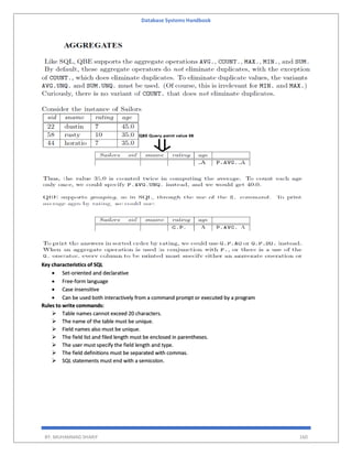 Database Systems Handbook
BY: MUHAMMAD SHARIF 160
Key characteristics of SQL
 Set-oriented and declarative
 Free-form language
 Case insensitive
 Can be used both interactively from a command prompt or executed by a program
Rules to write commands:
 Table names cannot exceed 20 characters.
 The name of the table must be unique.
 Field names also must be unique.
 The field list and filed length must be enclosed in parentheses.
 The user must specify the field length and type.
 The field definitions must be separated with commas.
 SQL statements must end with a semicolon.
 