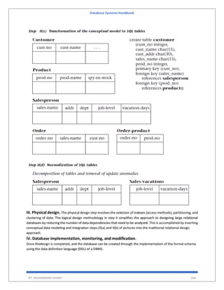 Database Systems Handbook
BY: MUHAMMAD SHARIF 166
III. Physical design. The physical design step involves the selection of indexes (access methods), partitioning, and
clustering of data. The logical design methodology in step II simplifies the approach to designing large relational
databases by reducing the number of data dependencies that need to be analyzed. This is accomplished by inserting
conceptual data modeling and integration steps (II(a) and II(b) of pictures into the traditional relational design
approach.
IV. Database implementation, monitoring, and modification.
Once thedesign is completed, and the database can be created through the implementation of the formal schema
using the data definition language (DDL) of a DBMS.
 