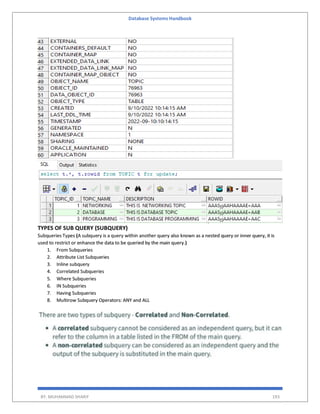 Database Systems Handbook
BY: MUHAMMAD SHARIF 193
TYPES OF SUB QUERY (SUBQUERY)
Subqueries Types (A subquery is a query within another query also known as a nested query or inner query, it is
used to restrict or enhance the data to be queried by the main query.)
1. From Subqueries
2. Attribute List Subqueries
3. Inline subquery
4. Correlated Subqueries
5. Where Subqueries
6. IN Subqueries
7. Having Subqueries
8. Multirow Subquery Operators: ANY and ALL
 