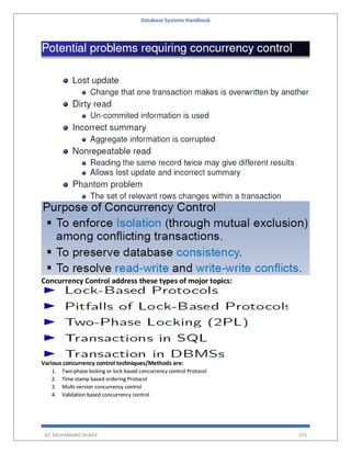 Database Systems Handbook
BY: MUHAMMAD SHARIF 255
Concurrency Control address these types of mojor topics:
Various concurrency control techniques/Methods are:
1. Two-phase locking or lock based concurrency control Protocol
2. Time stamp based ordering Protocol
3. Multi-version concurrency control
4. Validation based concurrency control
 