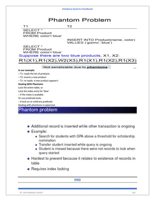 Database Systems Handbook
BY: MUHAMMAD SHARIF 264
In our example:
– T1: reads the list of products
– T2: inserts a new product
– T1: re-reads: a new product appears!
Dealing With Phantoms
Lock the entire table, or
Lock the index entry for ‘blue’
– If the index is available
Or use predicate locks
– A lock on an arbitrary predicate
Dealing with phantoms is expensive
END
 