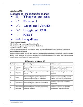 Database Systems Handbook
BY: MUHAMMAD SHARIF 286
Notations of RC
Types of Relational calculus:
TRC: Variables range over (i.e., get bound to) tuples.
DRC: Variables range over domain elements (= field values
Tuple Relational Calculus (TRC)
TRC (tuple relation calculus) can be quantified. In TRC, we can use Existential (∃) and Universal Quantifiers (∀)
Domain Relational Calculus (DRC)
Domain relational calculus uses the same operators as tuple calculus. It uses logical connectives ∧ (and), ∨ (or), and
┓ (not). It uses Existential (∃) and Universal Quantifiers (∀) to bind the variable. The QBE or Query by example is a
query language related to domain relational calculus.
Differences in RA and RC
Sr. No. Key Relational Algebra Relational Calculus
1
Language
Type
Relational Algebra is a procedural query
language.
Relational Calculus is a non-procedural
or declarative query language.
2 Objective
Relational Algebra targets how to obtain the
result.
Relational Calculus targets what result
to obtain.
3 Order
Relational Algebra specifies the order in
which operations are to be performed.
Relational Calculus specifies no such
order of executions for its operations.
4 Dependency Relational Algebra is domain-independent.
Relational Calculus can be domain
dependent.
5
Programming
Language
Relational Algebra is close to programming
language concepts.
Relational Calculus is not related to
programming language concepts.
 