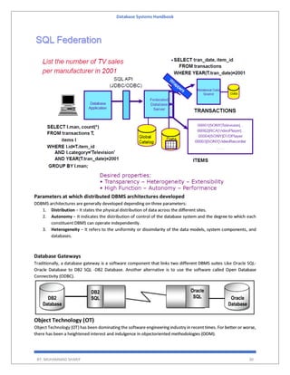 Database Systems Handbook
BY: MUHAMMAD SHARIF 30
Parameters at which distributed DBMS architectures developed
DDBMS architectures are generally developed depending on three parameters:
1. Distribution − It states the physical distribution of data across the different sites.
2. Autonomy − It indicates the distribution of control of the database system and the degree to which each
constituent DBMS can operate independently.
3. Heterogeneity − It refers to the uniformity or dissimilarity of the data models, system components, and
databases.
Database Gateways
Traditionally, a database gateway is a software component that links two different DBMS suites Like Oracle SQL-
Oracle Database to DB2 SQL -DB2 Database. Another alternative is to use the software called Open Database
Connectivity (ODBC).
Object Technology (OT)
Object Technology (OT) has been dominating the software engineering industry in recent times. For better or worse,
there has been a heightened interest and indulgence in objectoriented methodologies (OOM).
 