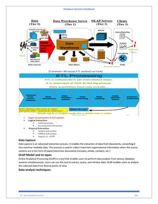 Database Systems Handbook
BY: MUHAMMAD SHARIF 389
Data Capture
Data capture is an advanced extraction process. It enables the extraction of data from documents, converting it
into machine-readable data. This process is used to collect important organizational information when the source
systems are in the form of paper/electronic documents (receipts, emails, contacts, etc.)
OLAP Model and Its types
Online Analytical Processing (OLAP) is a tool that enables users to perform data analysis from various database
systems simultaneously. Users can use this tool to extract, query, and retrieve data. OLAP enables users to analyze
the collected data from diverse points of view.
Data analysis techniques:
 
