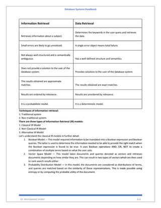 Database Systems Handbook
BY: MUHAMMAD SHARIF 414
Information Retrieval Data Retrieval
Retrieves information about a subject.
Determines the keywords in the user query and retrieves
the data.
Small errors are likely to go unnoticed. A single error object means total failure.
Not always well structured and is semantically
ambiguous. Has a well-defined structure and semantics.
Does not provide a solution to the user of the
database system. Provides solutions to the user of the database system.
The results obtained are approximate
matches. The results obtained are exact matches.
Results are ordered by relevance. Results are unordered by relevance.
It is a probabilistic model. It is a deterministic model.
Techniques of Information retrieval:
1. Traditional system
2. Non-traditional system.
There are three types of Information Retrieval (IR) models:
1. Classical IR Model
2. Non-Classical IR Model
3. Alternative IR Model
Let’s understand the classical IR models in further detail:
1. Boolean Model — This model required information to be translated into a Boolean expression and Boolean
queries. The latter is used to determine the information needed to be able to provide the right match when
the Boolean expression is found to be true. It uses Boolean operations AND, OR, NOT to create a
combination of multiple terms based on what the user asks.
2. Vector Space Model — This model takes documents and queries denoted as vectors and retrieves
documents depending on how similar they are. This can result in two types of vectors which are then used
to rank search results either
3. Probability Distribution Model — In this model, the documents are considered as distributions of terms,
and queries are matched based on the similarity of these representations. This is made possible using
entropy or by computing the probable utility of the document.
 