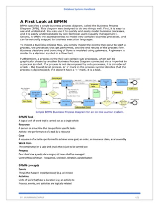 Database Systems Handbook
BY: MUHAMMAD SHARIF 421
BPMN Task
A logical unit of work that is carried out as a single whole
Resource
A person or a machine that can perform specific tasks
Activity -the performance of a task by a resource
Case
A sequence of activities performed to achieve some goal, an order, an insurance claim, a car assembly
Work item
The combination of a case and a task that is just to be carried out
Process
Describes how a particular category of cases shall be managed
Control flow construct ->sequence, selection, iteration, parallelisation
BPMN concepts
Events
Things that happen instantaneously (e.g. an invoice
Activities
Units of work that have a duration (e.g. an activity to
Process, events, and activities are logically related
 