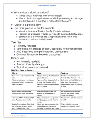 Database Systems Handbook
BY: MUHAMMAD SHARIF 439
BLOCK vs Page vs Sectors
Block Page Sectors
Block is also a sequence of bits and
bytes
A page is made up of unit blocks or
groups of blocks.
A sector is a physical spot on a
formatted disk that hold a info.
A block is made up of a contiguous
sequence of sectors from a single
track.. No fix size.
Pages have fixed sizes, usually 2k or
4k or 8k. One block can hold 2
pages. The minimum database page
size is 512 bytes
Each sector can hold 512 bytes of
data. Using the maximum
database page size of 65536 byte
or 64kb
A block is also called a physical
record on hard drives and floppies
Recards that have no fixed size
depends on the data types of
columns
Any data transferred between
the hard disk and the RAM is
usually sent in blocks
. The default NTFS Block size is 4096
bytes. Pages are virtual blocks
A disk can read/write a page faster.
Each block/page consists of some
records.
Pages manage data that is stored
in RAM.
4 tuples fit in one block if the block
size is 2 kb and 30 tuples fit on 1
block if the block size is 8kb.
A block is virtual memory unit that
stores tables rows and records
logically in its segments and A page
A hard disk plate has many
concentric circles on it, called
 