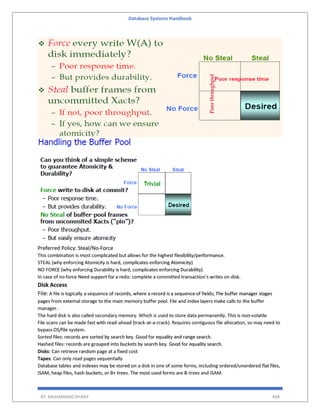 Database Systems Handbook
BY: MUHAMMAD SHARIF 448
Preferred Policy: Steal/No-Force
This combination is most complicated but allows for the highest flexibility/performance.
STEAL (why enforcing Atomicity is hard, complicates enforcing Atomicity)
NO FORCE (why enforcing Durability is hard, complicates enforcing Durability)
In case of no force Need support for a redo: complete a committed transaction’s writes on disk.
Disk Access
File: A file is logically a sequence of records, where a record is a sequence of fields; The buffer manager stages
pages from external storage to the main memory buffer pool. File and index layers make calls to the buffer
manager.
The hard disk is also called secondary memory. Which is used to store data permanently. This is non-volatile
File scans can be made fast with read-ahead (track-at-a-crack). Requires contiguous file allocation, so may need to
bypass OS/file system.
Sorted files: records are sorted by search key. Good for equality and range search.
Hashed files: records are grouped into buckets by search key. Good for equality search.
Disks: Can retrieve random page at a fixed cost
Tapes: Can only read pages sequentially
Database tables and indexes may be stored on a disk in one of some forms, including ordered/unordered flat files,
ISAM, heap files, hash buckets, or B+ trees. The most used forms are B-trees and ISAM.
 