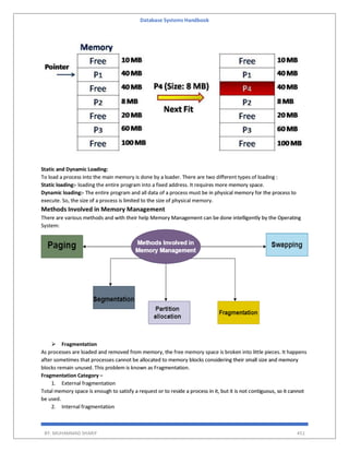 Database Systems Handbook
BY: MUHAMMAD SHARIF 451
Static and Dynamic Loading:
To load a process into the main memory is done by a loader. There are two different types of loading :
Static loading:- loading the entire program into a fixed address. It requires more memory space.
Dynamic loading:- The entire program and all data of a process must be in physical memory for the process to
execute. So, the size of a process is limited to the size of physical memory.
Methods Involved in Memory Management
There are various methods and with their help Memory Management can be done intelligently by the Operating
System:
 Fragmentation
As processes are loaded and removed from memory, the free memory space is broken into little pieces. It happens
after sometimes that processes cannot be allocated to memory blocks considering their small size and memory
blocks remain unused. This problem is known as Fragmentation.
Fragmentation Category −
1. External fragmentation
Total memory space is enough to satisfy a request or to reside a process in it, but it is not contiguous, so it cannot
be used.
2. Internal fragmentation
 