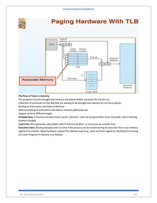 Database Systems Handbook
BY: MUHAMMAD SHARIF 456
The flow of Tasks in memory
The program must be brought into memory and placed within a process for it to be run.
Collection of processes on the disk that are waiting to be brought into memory to run the program.
Binding of Instructions and Data to Memory
Address binding of instructions and data to memory addresses can
happen at three different stages
Compile time: If memory location knew a priori, absolute code can be generated; must recompile code if starting
location changes
Load time: Must generate relocatable code if memory location is not known at compile time
Execution time: Binding delayed until run time if the process can be moved during its execution from one memory
segment to another. Need hardware support for address maps (e.g., base and limit registers). Multistep Processing
of a User Program In memory is as follows:
 