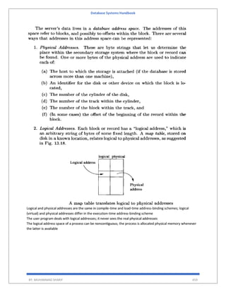 Database Systems Handbook
BY: MUHAMMAD SHARIF 459
Logical and physical addresses are the same in compile-time and load-time address-binding schemes; logical
(virtual) and physical addresses differ in the execution-time address-binding scheme
The user program deals with logical addresses; it never sees the real physical addresses
The logical address space of a process can be noncontiguous; the process is allocated physical memory whenever
the latter is available
 