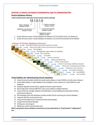 Database Systems Handbook
BY: MUHAMMAD SHARIF 461
CHAPTER 15 ORACLE DATABASE FUNDAMENTAL AND ITS ADMINISTRATION
Oracle Database History
I will use Oracle tool in this book. Oracle Versions and Its meaning
1. Oracle 18c (new name) = Oracle Database 12c Release 2 12.2.0.2 (Patch Set for 12c Release 2).
2. Oracle 19c (new name) = Oracle Database 12c Release 2 12.2.0.3 (Terminal Patch Set for Release
Tools/utilities for administoring Oracle database
 Oracle Universal Installer (Utility that install oracle software, it start O-DBCA to install oracle software)
 Oracle DBCA (Utility, it create database from templates, it also enable to to create ODB from seed
database)
 Database Upgrade Assistant (tool, upgrade as Oracle newest release)
 Net Configuration Assistant (NETCA as short, tool, enable to configure listener)
 Oracle enterprise manager database control(Product, control database by web-based interface,
performance advisors)
 SQL Developer (tool, SQL Developer provides another GUI for accessing your Oracle database)
 Using the SQL*Plus command-line tool.
 Using a GUI (Graphical User Interface) tool like SQL Developer.
 Using Oracle Enterprise Manager.
 Writing your own program.
 RMAN also used for administrative task.
Which components of your database environment can be protected by an “Oracle Restart” configuration?
Ans.
 