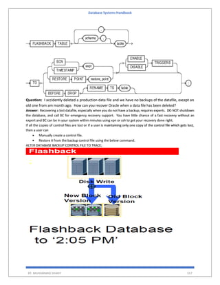 Database Systems Handbook
BY: MUHAMMAD SHARIF 557
Question: I accidently deleted a production data file and we have no backups of the datafile, except an
old one from am month ago. How can you recover Oracle when a data file has been deleted?
Answer: Recovering a lost datafile, especially when you do not have a backup, requires experts. DO NOT shutdown
the database, and call BC for emergency recovery support. You have little chance of a fast recovery without an
expert and BC can be in your system within minutes using vpn or ssh to get your recovery done right.
If all the copies of control files are lost or if a user is maintaining only one copy of the control file which gets lost,
then a user can
 Manually create a control file.
 Restore it from the backup control file using the below command.
ALTER DATABASE BACKUP CONTROL FILE TO TRACE;
 