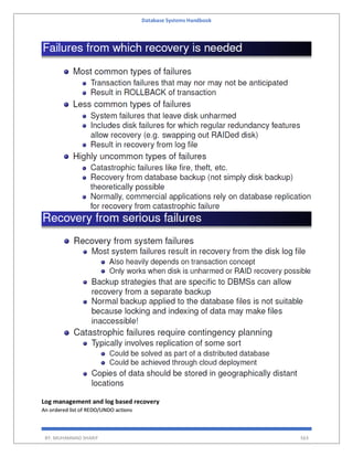 Database Systems Handbook
BY: MUHAMMAD SHARIF 563
Log management and log based recovery
An ordered list of REDO/UNDO actions
 