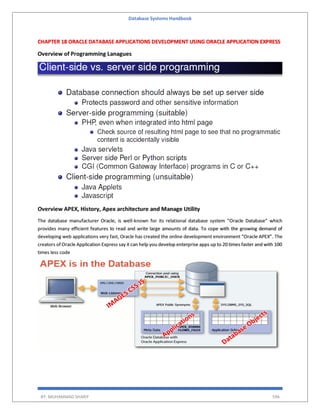 Database Systems Handbook
BY: MUHAMMAD SHARIF 596
CHAPTER 18 ORACLE DATABASE APPLICATIONS DEVELOPMENT USING ORACLE APPLICATION EXPRESS
Overview of Programming Lanagues
Overview APEX, History, Apex architecture and Manage Utility
The database manufacturer Oracle, is well-known for its relational database system “Oracle Database” which
provides many efficient features to read and write large amounts of data. To cope with the growing demand of
developing web applications very fast, Oracle has created the online development environment “Oracle APEX”. The
creators of Oracle Application Express say it can help you develop enterprise apps up to 20 times faster and with 100
times less code
 