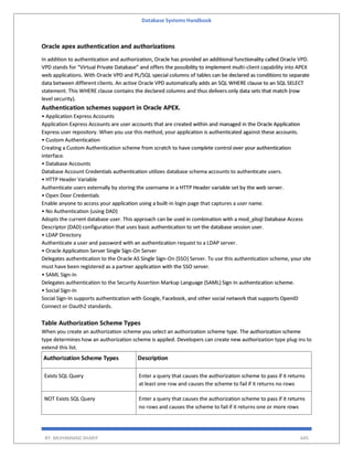 Database Systems Handbook
BY: MUHAMMAD SHARIF 645
Oracle apex authentication and authorizations
In addition to authentication and authorization, Oracle has provided an additional functionality called Oracle VPD.
VPD stands for “Virtual Private Database” and offers the possibility to implement multi-client capability into APEX
web applications. With Oracle VPD and PL/SQL special columns of tables can be declared as conditions to separate
data between different clients. An active Oracle VPD automatically adds an SQL WHERE clause to an SQL SELECT
statement. This WHERE clause contains the declared columns and thus delivers only data sets that match (row
level security).
Authentication schemes support in Oracle APEX.
• Application Express Accounts
Application Express Accounts are user accounts that are created within and managed in the Oracle Application
Express user repository. When you use this method, your application is authenticated against these accounts.
• Custom Authentication
Creating a Custom Authentication scheme from scratch to have complete control over your authentication
interface.
• Database Accounts
Database Account Credentials authentication utilizes database schema accounts to authenticate users.
• HTTP Header Variable
Authenticate users externally by storing the username in a HTTP Header variable set by the web server.
• Open Door Credentials
Enable anyone to access your application using a built-in login page that captures a user name.
• No Authentication (using DAD)
Adopts the current database user. This approach can be used in combination with a mod_plsql Database Access
Descriptor (DAD) configuration that uses basic authentication to set the database session user.
• LDAP Directory
Authenticate a user and password with an authentication request to a LDAP server.
• Oracle Application Server Single Sign-On Server
Delegates authentication to the Oracle AS Single Sign-On (SSO) Server. To use this authentication scheme, your site
must have been registered as a partner application with the SSO server.
• SAML Sign-In
Delegates authentication to the Security Assertion Markup Language (SAML) Sign In authentication scheme.
• Social Sign-In
Social Sign-In supports authentication with Google, Facebook, and other social network that supports OpenID
Connect or Oauth2 standards.
Table Authorization Scheme Types
When you create an authorization scheme you select an authorization scheme type. The authorization scheme
type determines how an authorization scheme is applied. Developers can create new authorization type plug-ins to
extend this list.
Authorization Scheme Types Description
Exists SQL Query Enter a query that causes the authorization scheme to pass if it returns
at least one row and causes the scheme to fail if it returns no rows
NOT Exists SQL Query Enter a query that causes the authorization scheme to pass if it returns
no rows and causes the scheme to fail if it returns one or more rows
 