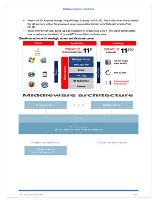 Database Systems Handbook
BY: MUHAMMAD SHARIF 650
 Amend the SSL Keystore Settings Using WebLogic Scripting Tool (WLST) - This article shows how to amend
the SSL keystore settings for a managed server in an existing domain using WebLogic Scripting Tool
(WLST).
 Oracle HTTP Server (OHS) 12cR2 (12.2.1) Installation on Oracle Linux 6 and 7 - This article demonstrates
how to perform an installation of Oracle HTTP Server (OHS) on Oracle Linux.
Client interaction with weblogic server and database server:
 