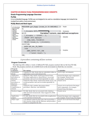 Database Systems Handbook
BY: MUHAMMAD SHARIF 680
CHAPTER 20 ORACLE PLSQL PROGRAMMING BASIC CONCEPTS
Oracle Programming Language Overview
PL/SQL
It is an embedded language. PL/SQL was not designed to be used as a standalone language, but instead to be
invoked from within a host environment.
PLSQL Block and block types
 
