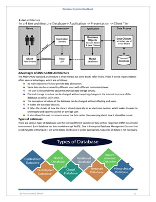 Database Systems Handbook
BY: MUHAMMAD SHARIF 11
Advantages of ANSI-SPARC Architecture
The ANSI-SPARC standard architecture is three-tiered, but some books refer 4 tiers. These 4-tiered representation
offers several advantages, which are as follows:
Its main objective of it is to provide data abstraction.
Same data can be accessed by different users with different customized views.
The user is not concerned about the physical data storage details.
Physical storage structure can be changed without requiring changes in the internal structure of the
database as well as users view.
The conceptual structure of the database can be changed without affecting end users.
It makes the database abstract.
It hides the details of how the data is stored physically in an electronic system, which makes it easier to
understand and easier to use for an average user.
It also allows the user to concentrate on the data rather than worrying about how it should be stored.
Types of databases
There are various types of databases used for storing different varieties of data in their respective DBMS data model
environment. Each database has data models except NoSQL. One is Enterprise Database Management System that
is not included in this figure. I will write details one by one in where appropriate. Sequence of details is not necessary.
 