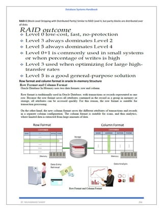 Database Systems Handbook
BY: MUHAMMAD SHARIF 266
RAID-5 (Block-Level Stripping with Distributed Parity) Similar to RAID Level 4, but parity blocks are distributed over
all disks
Row farmat and column format in oracle In-memory Structure
 
