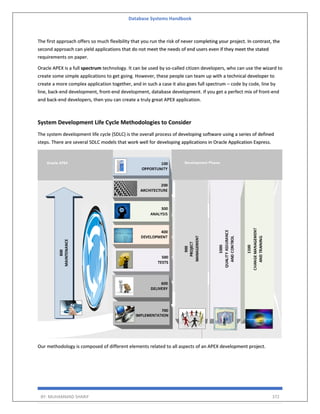 Database Systems Handbook
BY: MUHAMMAD SHARIF 372
The first approach offers so much flexibility that you run the risk of never completing your project. In contrast, the
second approach can yield applications that do not meet the needs of end users even if they meet the stated
requirements on paper.
Oracle APEX is a full spectrum technology. It can be used by so-called citizen developers, who can use the wizard to
create some simple applications to get going. However, these people can team up with a technical developer to
create a more complex application together, and in such a case it also goes full spectrum – code by code, line by
line, back-end development, front-end development, database development. If you get a perfect mix of front-end
and back-end developers, then you can create a truly great APEX application.
System Development Life Cycle Methodologies to Consider
The system development life cycle (SDLC) is the overall process of developing software using a series of defined
steps. There are several SDLC models that work well for developing applications in Oracle Application Express.
Our methodology is composed of different elements related to all aspects of an APEX development project.
 
