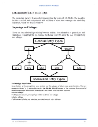 Database Systems Handbook
BY: MUHAMMAD SHARIF 66
EERD design approaches
Generalization is the concept that some entities are the subtypes of other more general entities. They are
represented by an "is a" relationship. Faculty (ISA OR IS-A OR IS A) subtype of the employee. One method of
representing subtype relationships shown below is also known as the top-down approach.
Exclusive Subtype
If subtypes are exclusive, one supertype relates to at most one subtype.
Inclusive Subtype
If subtypes are inclusive, one supertype can relate to one or more subtypes
 