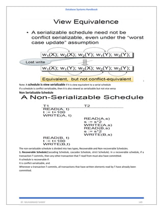Database Systems Handbook
BY: MUHAMMAD SHARIF 149
Note: A schedule is view serializable if it is view equivalent to a serial schedule
If a schedule is conflict serializable, then it is also viewed as serializable but not vice versa
Non Serializable Schedule
The non-serializable schedule is divided into two types, Recoverable and Non-recoverable Schedules.
1. Recoverable Schedule(Cascading Schedule, cascades Schedule, strict Schedule). In a recoverable schedule, if a
transaction T commits, then any other transaction that T read from must also have committed.
A schedule is recoverable if:
It is conflict-serializable, and
Whenever a transaction T commits, all transactions that have written elements read by T have already been
committed.
 