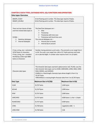 Database Systems Handbook
BY: MUHAMMAD SHARIF 19
CHAPTER 2 DATA TYPES, DATABASE KEYS, SQL FUNCTIONS AND OPERATORS
Data types Overview
BINARY_FLOAT
BINARY_DOUBLE
32-bit floating point number. This data type requires 4 bytes.
64-bit floating point number. This data type requires 8 bytes.
There are two classes of date
and time-related data types in
PL/SQL −
1. Datetime datatypes
2. Interval Datatypes
The DateTime datatypes are −
➢ Date
➢ Timestamp
➢ Timestamp with time zone
➢ Timestamp with local time zone
The interval datatypes are −
➢ Interval year to month
➢ Interval day to second
If max_string_size = extended
32767 bytes or characters
If max_string_size = standard
Number(p,s) data type 4000
bytes or characters
Number having precision p and scale s. The precision p can range from 1
to 38. The scale s can range from -84 to 127. Both precision and scale
are in decimal digits. A number value requires from 1 to 22 bytes.
Character data types
The character data types represent alphanumeric text. PL/SQL uses the
SQL character data types such as CHAR, VARCHAR2, LONG, RAW, LONG
RAW, ROWID, and UROWID.
CHAR(n) is a fixed-length character type whose length is from 1 to
32,767 bytes.
VARCHAR2(n) is varying length character data from 1 to 32,767 bytes.
Data Type Maximum Size in PL/SQL Maximum Size in SQL
CHAR 32,767 bytes 2,000 bytes
NCHAR 32,767 bytes 2,000 bytes
RAW 32,767 bytes 2,000 bytes
VARCHAR2 32,767 bytes 4,000 bytes ( 1 char = 1 byte)
NVARCHAR2 32,767 bytes 4,000 bytes
LONG 32,760 bytes 2 gigabytes (GB) – 1
LONG RAW 32,760 bytes 2 GB
 