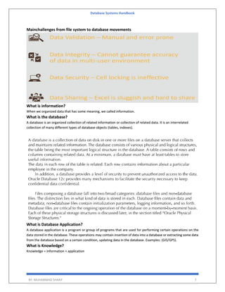 Database Systems Handbook
BY: MUHAMMAD SHARIF 7
Mainchallenges from file system to database movements
What is information?
When we organized data that has some meaning, we called information.
What is the database?
A database is an organized collection of related information or collection of related data. It is an interrelated
collection of many different types of database objects (tables, indexes).
What is Database Application?
A database application is a program or group of programs that are used for performing certain operations on the
data stored in the database. These operations may contain insertion of data into a database or extracting some data
from the database based on a certain condition, updating data in the database. Examples: (GIS/GPS).
What is Knowledge?
Knowledge = information + application
 