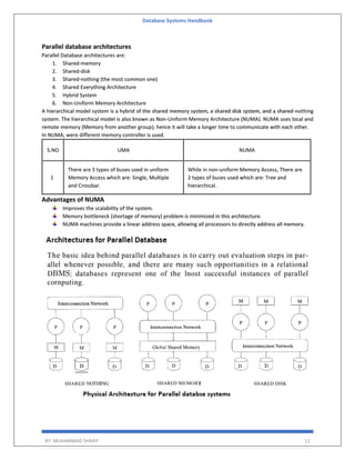 Database Systems Handbook
BY: MUHAMMAD SHARIF 12
Parallel database architectures
Parallel Database architectures are:
1. Shared-memory
2. Shared-disk
3. Shared-nothing (the most common one)
4. Shared Everything Architecture
5. Hybrid System
6. Non-Uniform Memory Architecture
A hierarchical model system is a hybrid of the shared memory system, a shared disk system, and a shared-nothing
system. The hierarchical model is also known as Non-Uniform Memory Architecture (NUMA). NUMA uses local and
remote memory (Memory from another group); hence it will take a longer time to communicate with each other.
In NUMA, were different memory controller is used.
S.NO UMA NUMA
1
There are 3 types of buses used in uniform
Memory Access which are: Single, Multiple
and Crossbar.
While in non-uniform Memory Access, There are
2 types of buses used which are: Tree and
hierarchical.
Advantages of NUMA
Improves the scalability of the system.
Memory bottleneck (shortage of memory) problem is minimized in this architecture.
NUMA machines provide a linear address space, allowing all processors to directly address all memory.
 