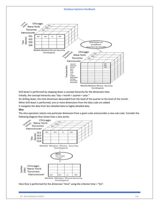 Database Systems Handbook
BY: MUHAMMAD SHARIF 242
Drill-down is performed by stepping down a concept hierarchy for the dimension time.
Initially, the concept hierarchy was "day < month < quarter < year."
On drilling down, the time dimension descended from the level of the quarter to the level of the month.
When drill-down is performed, one or more dimensions from the data cube are added.
It navigates the data from less detailed data to highly detailed data.
Slice
The slice operation selects one particular dimension from a given cube and provides a new sub-cube. Consider the
following diagram that shows how a slice works.
Here Slice is performed for the dimension "time" using the criterion time = "Q1".
 