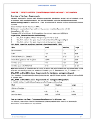 Database Systems Handbook
BY: MUHAMMAD SHARIF 324
CHAPTER 17 PREREQUISITES OF STORAGE MANAGEMENT AND ORACLE INSTALLATION
Overview of Hardware Requirements
Hardware requirements you must meet before installing Oracle Management Service (OMS), a standalone Oracle
Management Agent (Management Agent), and Oracle Management Repository (Management Repository).
Physical memory (RAM)=> 256 MB minimum; 512 MB recommended, On Windows Vista, the minimum requirement
is 512 MB
Virtual memory=> Double the amount of RAM
Disk space=> Basic Installation Type total: 2.04 GB, advanced Installation Types total: 1.94 GB
Video adapter=> 256 colors
Processor=> 550 MHz minimum, On Windows Vista, the minimum requirement is 800 MHz
In particular, here I will discuss the following:
1. CPU, RAM, Heap Size, and Hard Disk Space Requirements for OMS
2. CPU, RAM, and Hard Disk Space Requirements for Standalone Management Agent
3. CPU, RAM, and Hard Disk Space Requirements for Management Repository
CPU, RAM, Heap Size, and Hard Disk Space Requirements for OMS
Host Small Medium Large
CPU Cores/Host 2 4 8
RAM 4 GB 6 GB 8 GB
RAM with ADPFoot 1 , JVMDFoot 2 6GB 10 GB 14 GB
Oracle WebLogic Server JVM Heap Size 512 MB 1 GB 2 GB
Hard Disk Space 7 GB 7 GB 7 GB
Hard Disk Space with ADP, JVMD 10 GB 12 GB 14 GB
Note: While installing an additional OMS (by cloning an existing one), if you have installed BI publisher on the source
host, then ensure that you have 7 GB of additional hard disk space on the destination host, so a total of 14 GB.
CPU, RAM, and Hard Disk Space Requirements for Standalone Management Agent
For a standalone Oracle Management Agent, ensure that you have 2 CPU cores per host, 512 MB of RAM, and 1 GB
of hard disk space.
CPU, RAM, and Hard Disk Space Requirements for Management Repository
In this table RAM and Hard Disk Space Requirements for Management Repository
Host Small Medium Large
CPU Cores/HostFoot 1 2 4 8
RAM 4 GB 6 GB 8 GB
Hard Disk Space 50 GB 200 GB 400 GB
Oracle database Hardware Component Requirements for Windows x64
The following table lists the hardware components that are required for Oracle Database on Windows x64.
Windows x64 Minimum Hardware Requirements
 