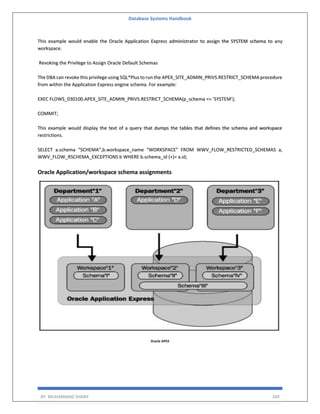 Database Systems Handbook
BY: MUHAMMAD SHARIF 349
This example would enable the Oracle Application Express administrator to assign the SYSTEM schema to any
workspace.
Revoking the Privilege to Assign Oracle Default Schemas
The DBA can revoke this privilege using SQL*Plus to run the APEX_SITE_ADMIN_PRIVS.RESTRICT_SCHEMA procedure
from within the Application Express engine schema. For example:
EXEC FLOWS_030100.APEX_SITE_ADMIN_PRIVS.RESTRICT_SCHEMA(p_schema => ‘SYSTEM’);
COMMIT;
This example would display the text of a query that dumps the tables that defines the schema and workspace
restrictions.
SELECT a.schema “SCHEMA”,b.workspace_name “WORKSPACE” FROM WWV_FLOW_RESTRICTED_SCHEMAS a,
WWV_FLOW_RSCHEMA_EXCEPTIONS b WHERE b.schema_id (+)= a.id;
Oracle Application/workspace schema assignments
Oracle APEX
 